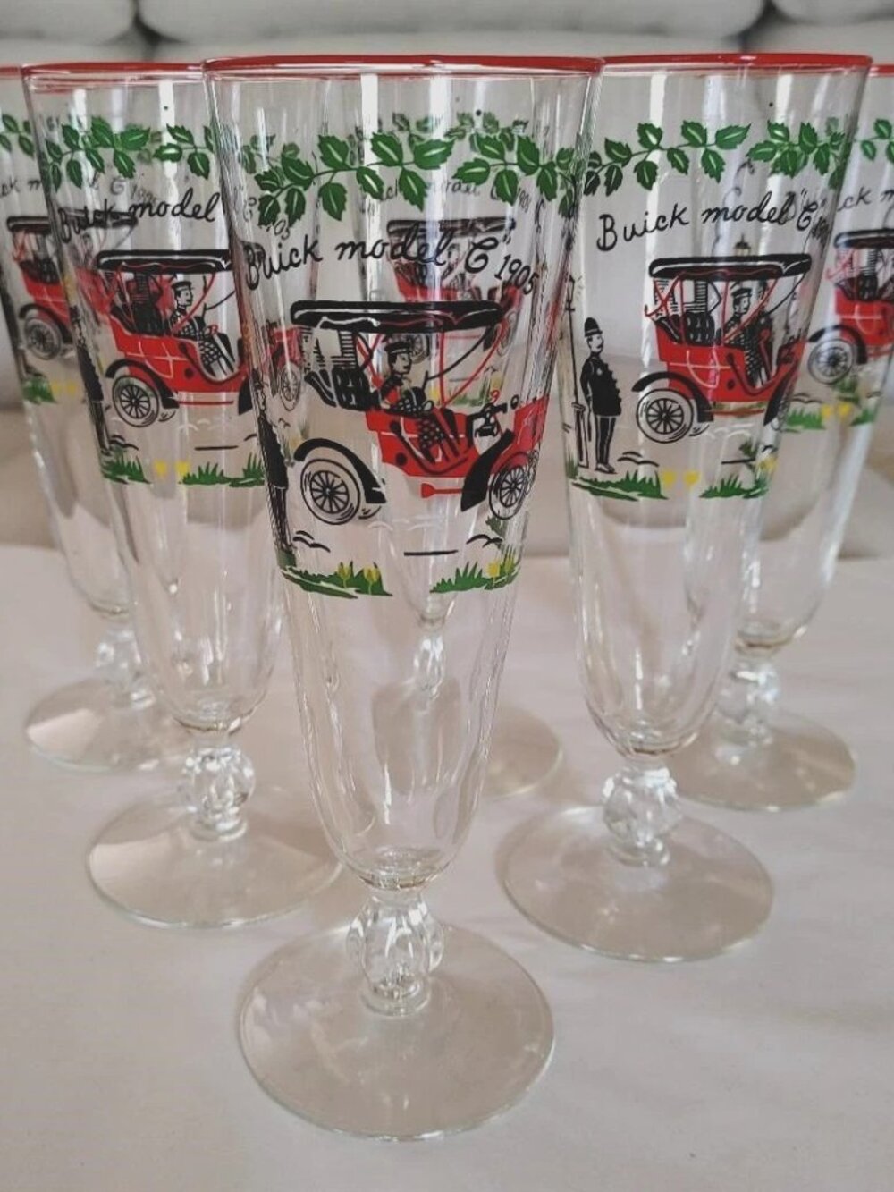 6 Retro Libbey Artistic Pilsner Glasses 1905 Model C Buick Red Green Black  10oz